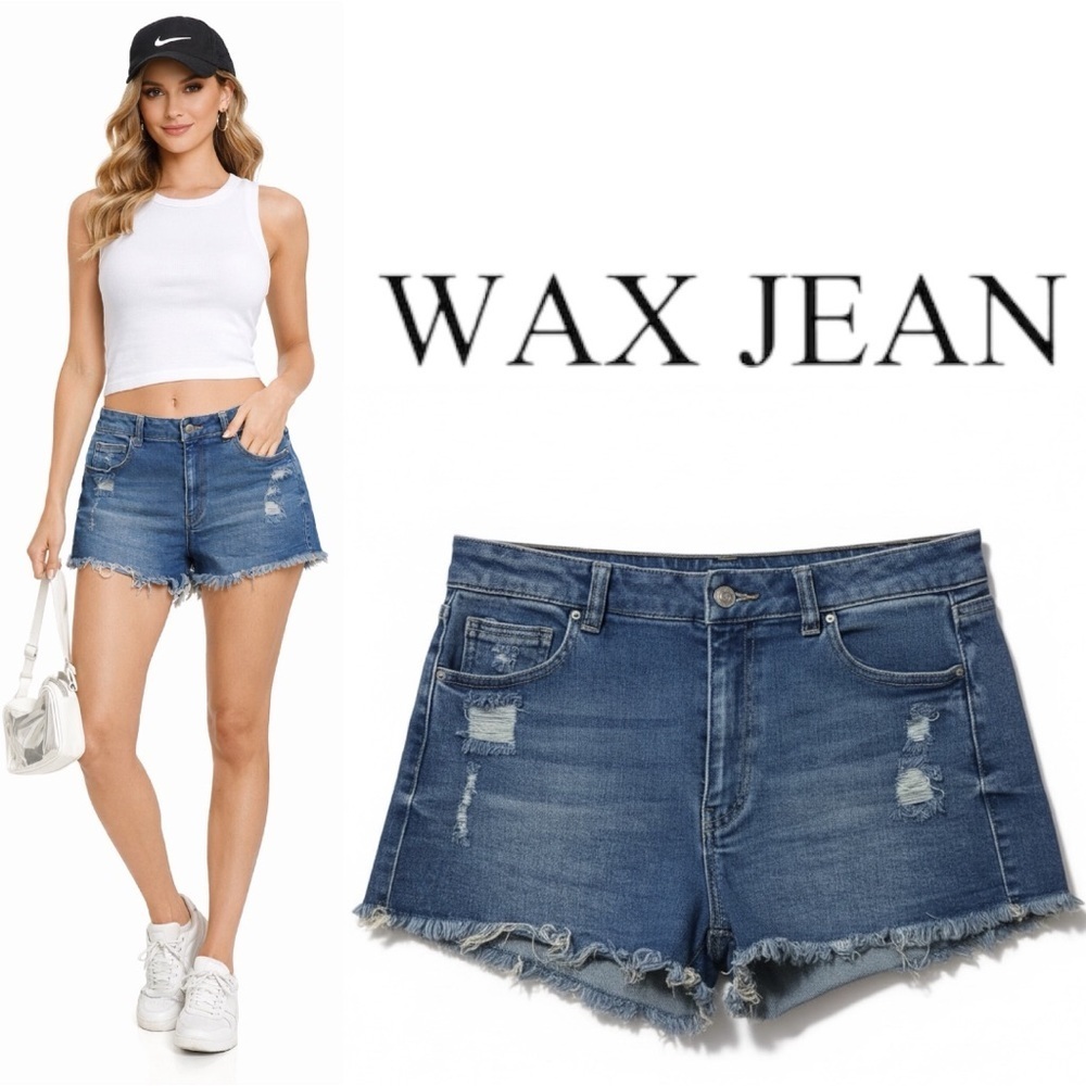 Wax Jean | EUC High Rise Medium Wash Distressed Raw Hem Denim Shorts (size L)
